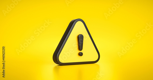 Yellow warning sign symbol or alert safety danger caution illustration icon security message and exclamation triangle information icon on attention traffic background with secure alarm. 3D render. photo