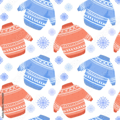 Seamless pattern with illustration of cute blue and red sweaters with snowflakes on a white background © Viktoriia
