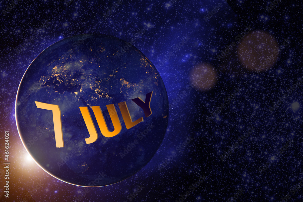 July 7th. Day 7 of month, Calendar date. Earth globe planet with sunrise and calendar day. Elements of this image furnished by NASA. Summer month, day of the year concept. July 7th. Day 7 of month, Calendar date. Earth globe planet with sunrise and calendar day. Elements of this image furnished by NASA. Summer month, day of the year concept.