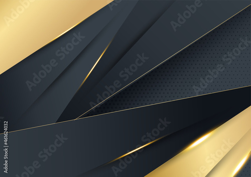 Black gold background. Vector luxury tech background. Stack of black paper material layer with gold stripe. Arrow shape premium wallpaper