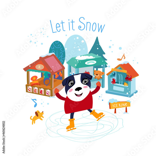 Let it snow. Cute dog at Christmas market on ice rink. Hand drawn vector illustration. T-shirt lettering for printing.