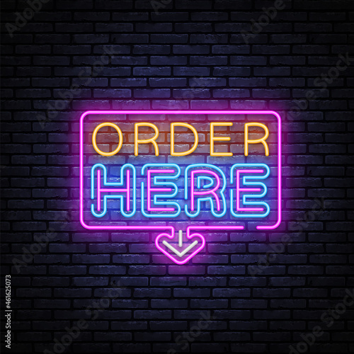 Order here neon for banner design. Order here Vector illustration word. Vector isolated symbol illustration. Banner vector. Online order