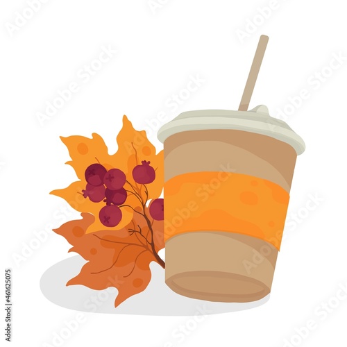 Autumn coffee. Autumn menu. Takeaway coffee. Coffee to go. Isolated vector colorful element on a white background.