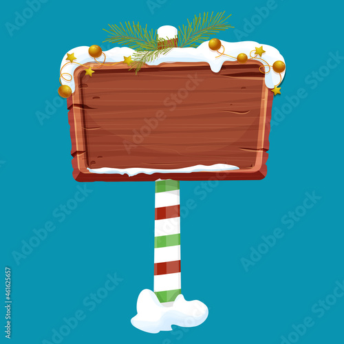 Christmas wooden signboard, road signs on striped stick with decoration, empty frame in cartoon style isolated on white background. Holiday decoration. Ui game asset.