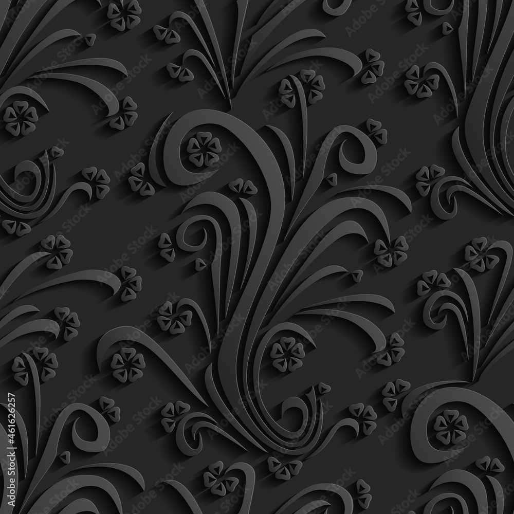 Black floral 3d background. Seamless pattern for greeting card decoration. Ornate pattern for textiles, packaging, tiles. Vector illustration Black floral 3d background. Seamless pattern for greeting card decoration. Ornate pattern for textiles, packaging, tiles. Vector illustration
