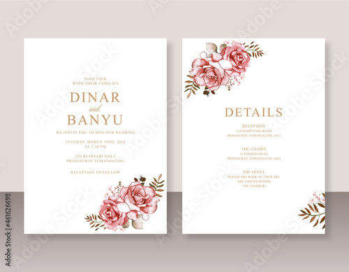 Minimalist wedding invitation with rose watercolor