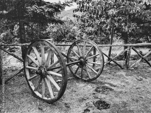 An old wooden cart and wheels