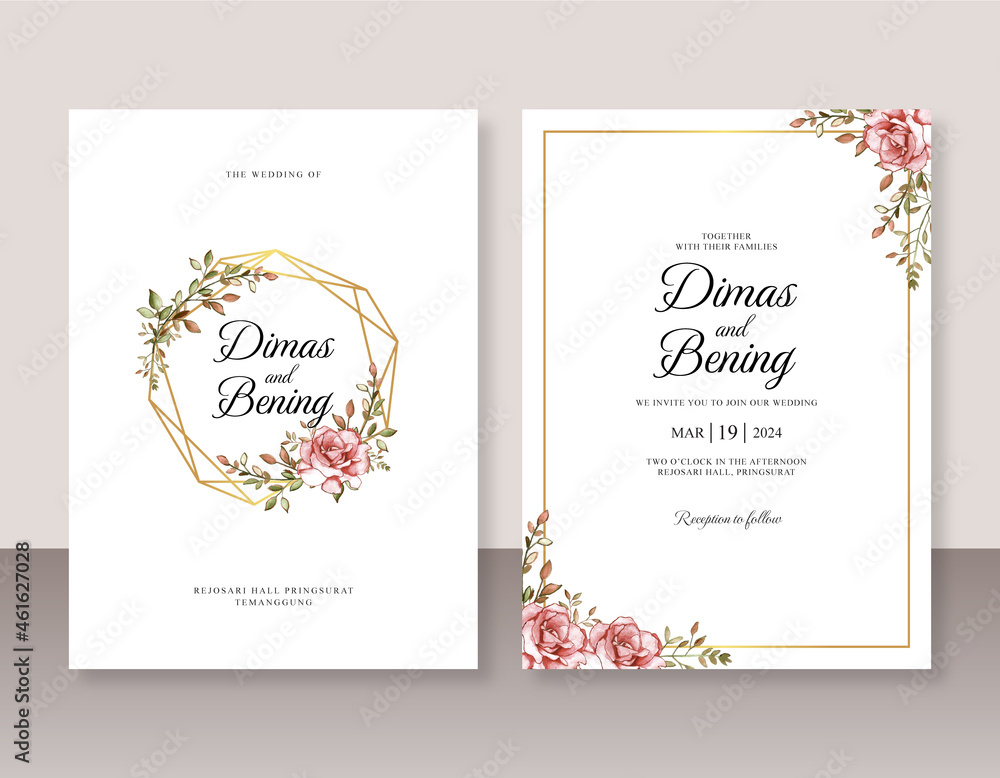 Wedding invitation template with rose watercolor painting