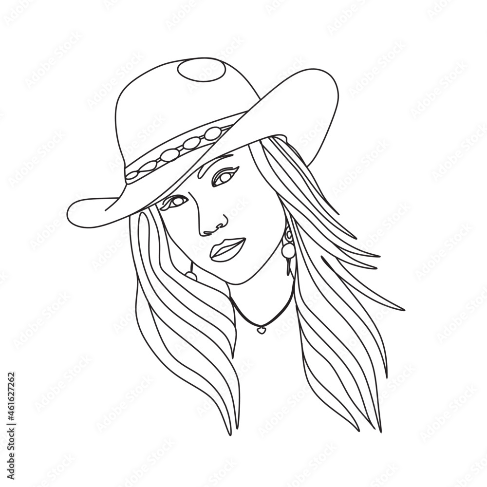 Woman with hat. Line art female hands with flowers. Abstract face with flowers by one line vector drawing. Portrait minimalistic style. Botanical print. Nature symbol of cosmetics Woman with hat. Line art female hands with flowers. Abstract face with flowers by one line vector drawing. Portrait minimalistic style. Botanical print. Nature symbol of cosmetics