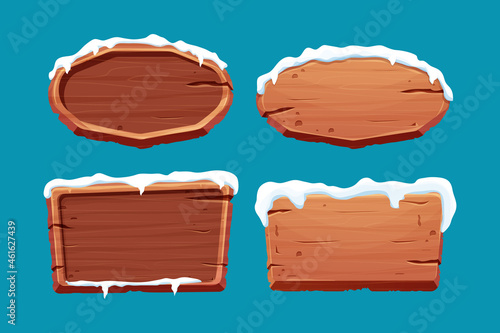 Set old wooden blank, signboard with snow in cartoon style.Empty frame, direction plank isolated on white background. Seasonal decoration