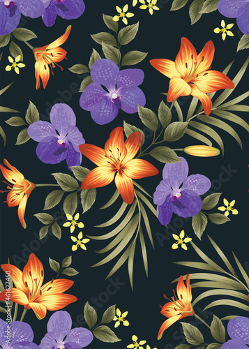 Seamless pattern of Orchid flowers and lily with leaf background template. Vector set of floral element for tropical print  wedding invitations  greeting card  brochure  banners and fashion design.