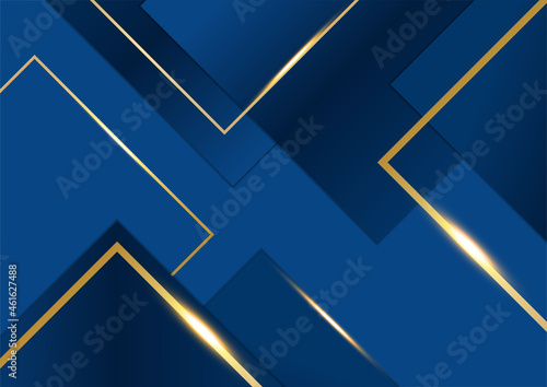 Abstract template dark blue luxury premium background with luxury triangles pattern and gold lighting lines.