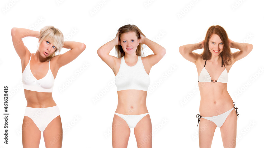 Three closeup portraits of slim young women wearing white bikinis, isolated on white studio background Three closeup portraits of slim young women wearing white bikinis, isolated on white studio background
