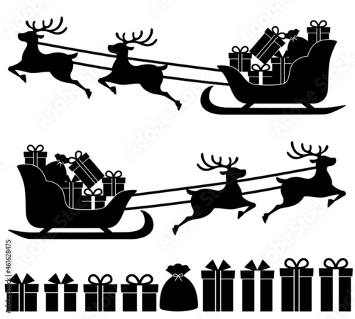 トナカイとソリとプレゼントのシルエットイラスト