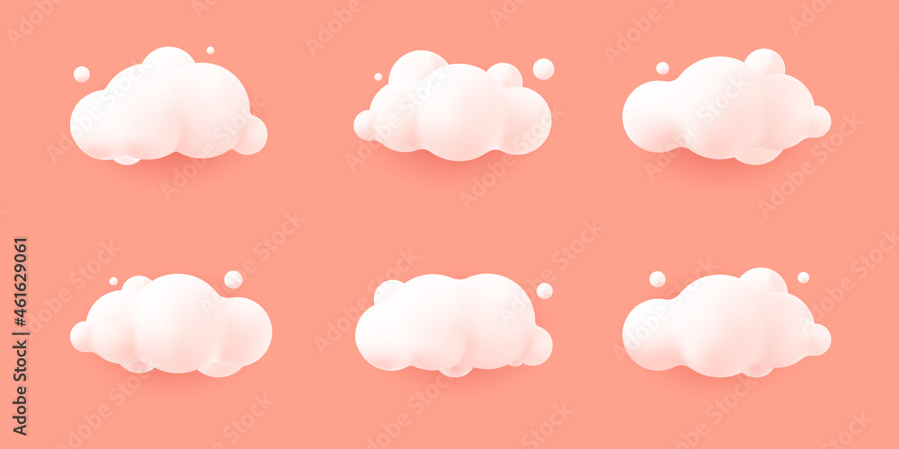 white 3d realistic clouds set isolated on a pink pastel background. Render soft round cartoon fluffy clouds icon in the  sky. 3d geometric shapes vector illustration - obrazy, fototapety, plakaty 