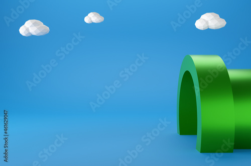 Minimal scene white cloud ,Green tunnel entrance at right side on blue background. Geometric shape.3D rendering.Use For Product Showcase.