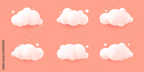 white 3d realistic clouds set isolated on a pink pastel background. Render soft round cartoon fluffy clouds icon in the  sky. 3d geometric shapes vector illustration photo