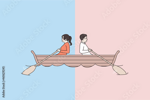 Man and woman in boat row in different direction, not reach goal. Stubborn couple in ship sail in opposite way. Getting nowhere concept. Conflict of interest, breakup, split. Flat vector illustration.