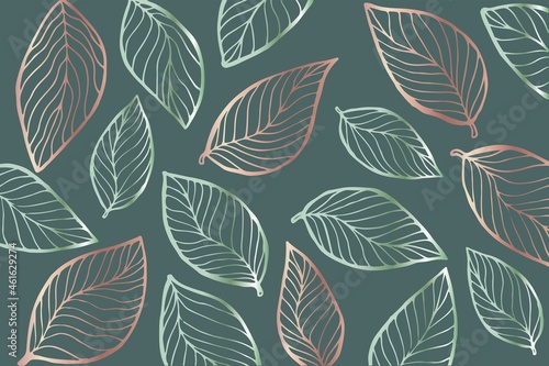Art & Illustration, Metallic pink and green leaf background, vector illustration.