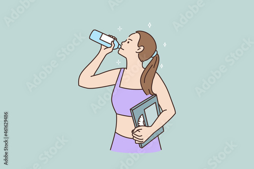 Toned millennial girl hold weight scales drink water from bottle follow healthy lifestyle. Young woman take care of body weight, keep water balance. Sport, diet concept. Vector illustration. 