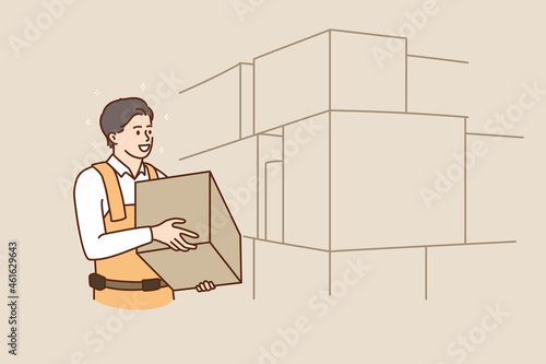 Young man worker hold carry package work on warehouse. Smiling guy courier deliveryman with parcel package on depo or storage house. Delivery company service. Flat vector illustration.