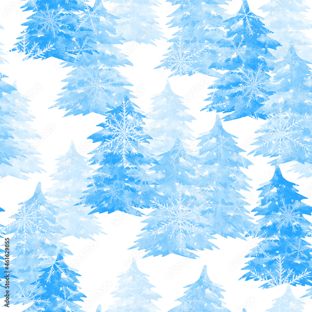 Winter frosty forest seamless pattern. Blue fir trees under the snow, watercolor illustration. 