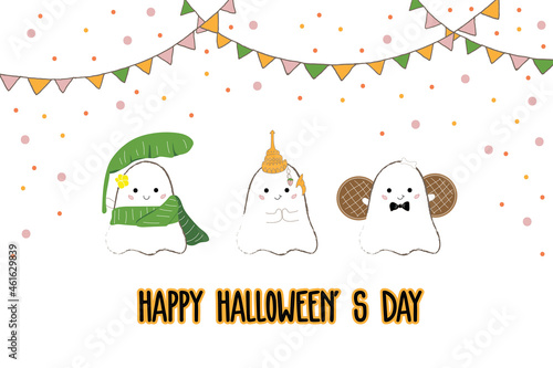 Art   Illustration  Happy Halloween s Day party  set of cute Thai ghosts isolated on white background. Vector illustration.