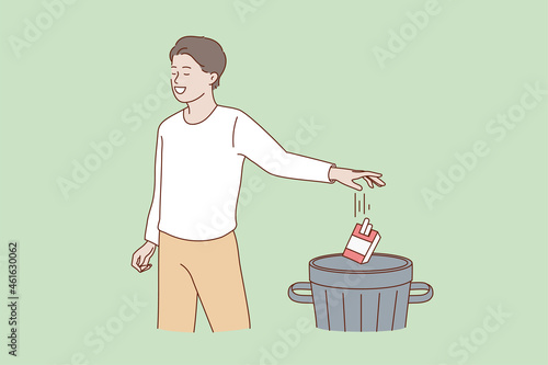 Happy man throw away in trash cigarettes package stop quit smoking. Smiling male refuse from nicotine addiction. Healthy lifestyle, body care, healthcare concept. Flat vector illustration. 