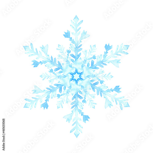 Winter watercolor snowflake isolated on white background. 