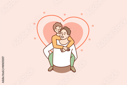 Happy loving father hold on back smiling small son, enjoy family weekend together. Excited little boy child piggyback caring dad show gratitude. Fatherhood, parenthood concept. Vector illustration. 