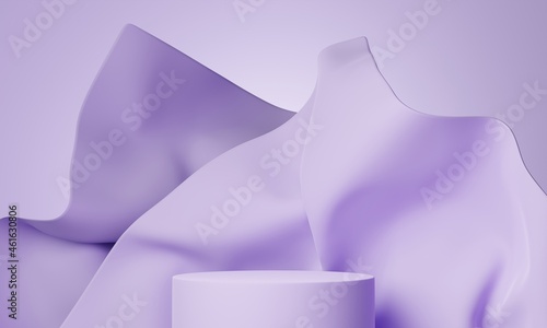 3d mock-up podium with draped fabric in lavender color. Abstract Modern platform for product or cosmetics presentation. Bright Stylish contemporary backdrop. Render scene
