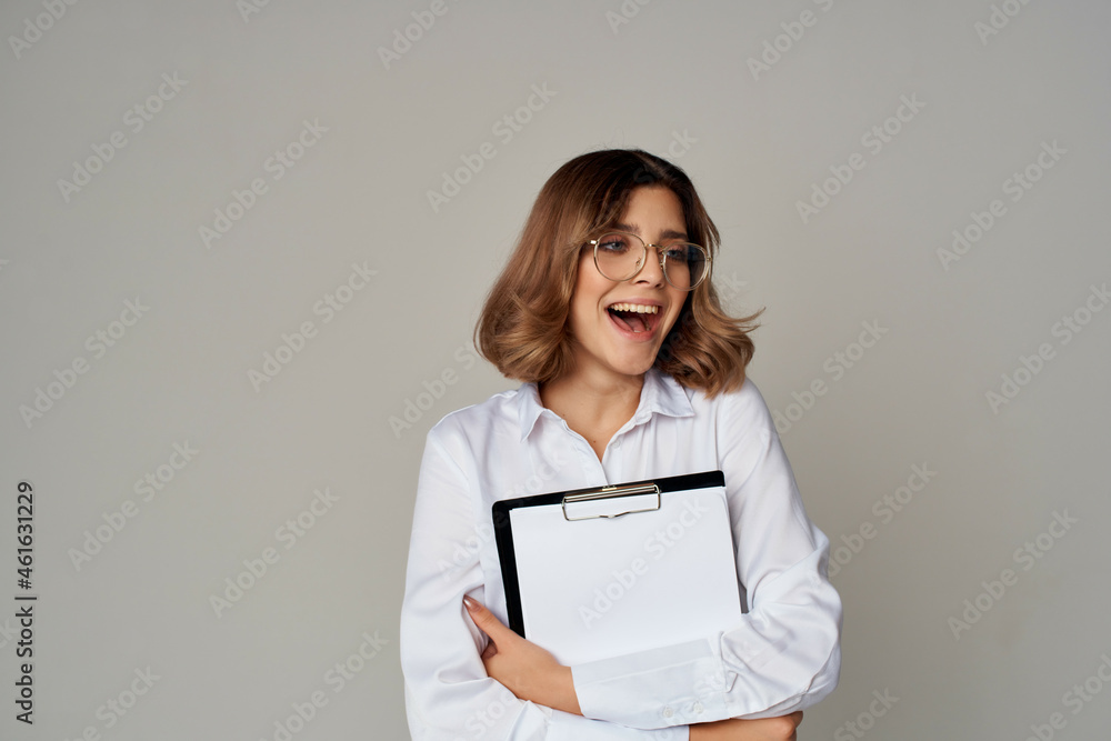 cheerful business woman secretary in white shirt documents work cheerful business woman secretary in white shirt documents work