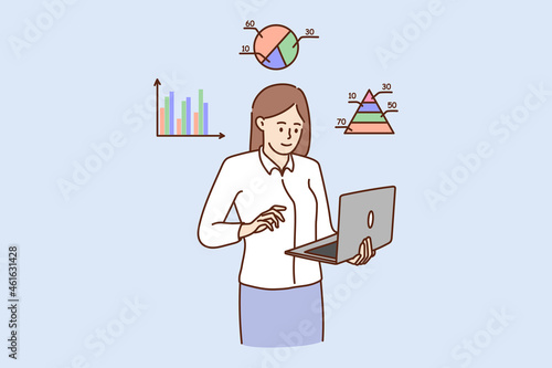 Young businesswoman work on computer analyze diagrams and graphs for financial statistics report. Female business analyst work with infographic on laptop. Bank, finance concept. Vector illustration.
