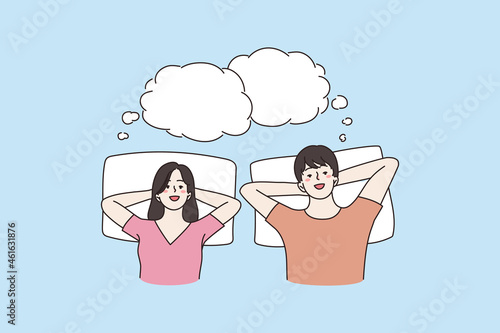 Happy couple lying on bed dreaming together, empty copy space. Smiling dreamy man and woman spouses relax rest have dreams sleep nap in bedroom. Future plan concept. Flat vector illustration. 