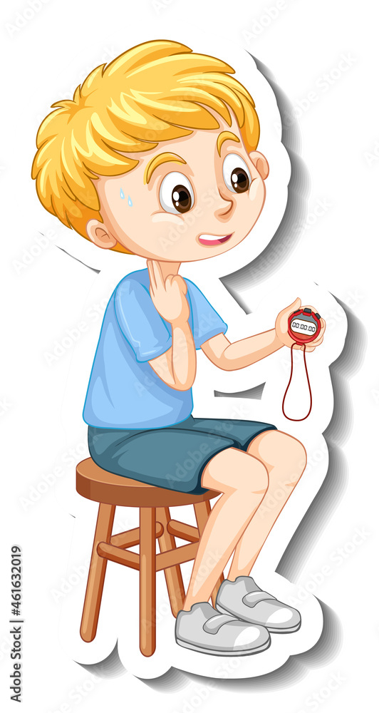 A boy holding a timer cartoon character sticker A boy holding a timer cartoon character sticker