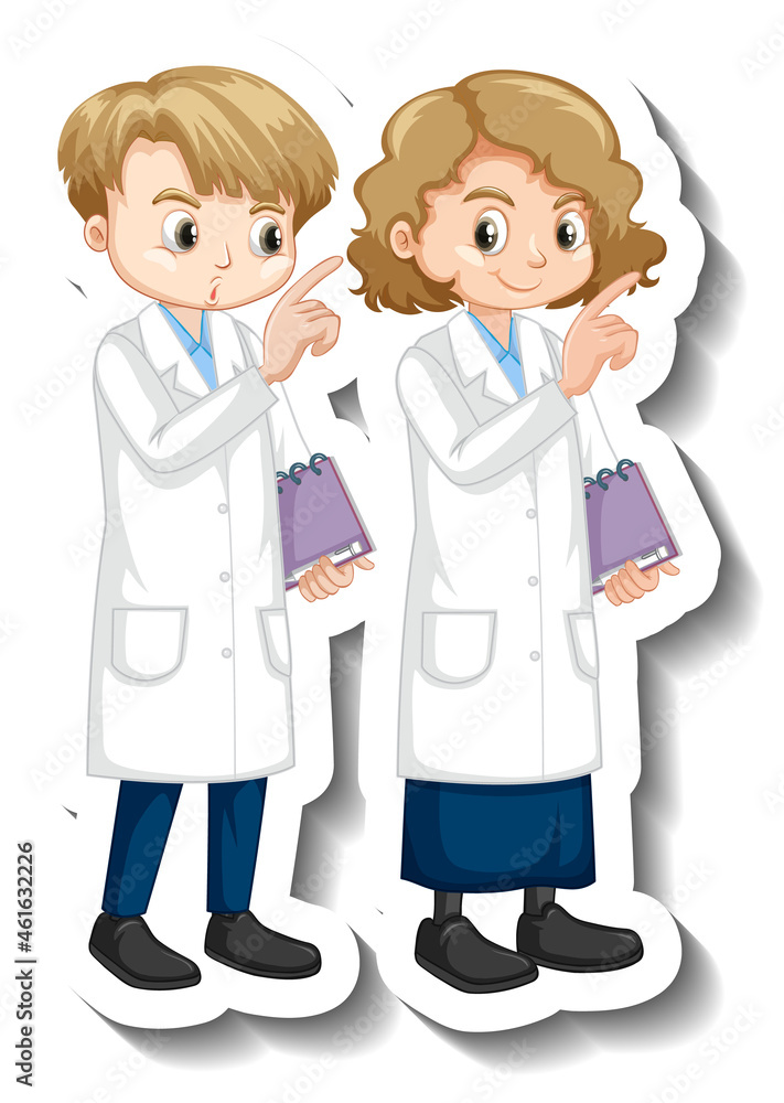 Cartoon character sticker with children in science gown Cartoon character sticker with children in science gown
