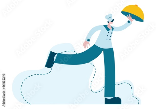 The chef-waiter hurries to offer the customer the main course. Comic illustration of a character running with a tray in fashionable style. Concept of catering, restaurant business. Vector.