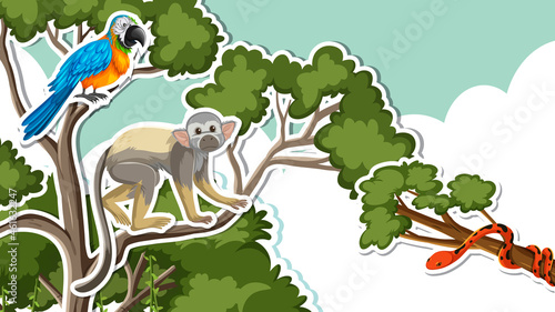 Photography Thumbnail design with monkey and parrot bird on branch