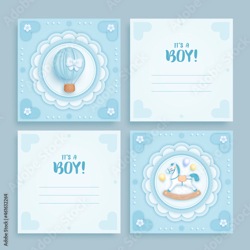 Set of baby shower invitation with cartoon hot air balloon, horse and helium balloons on blue background. It's a boy. Vector illustration
