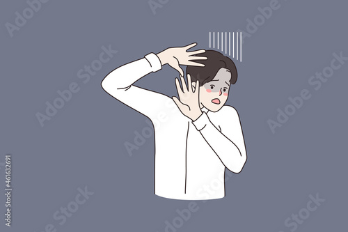 Anxious young man make stop hand gesture feel scared frightened. Millennial guy show denial rejection, terrified and afraid. Human emotion, fear and scare. Panic, anxiety. Flat vector illustration. 