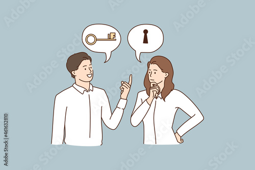 Man and woman think of business problem solution, bubbles with key and lock upwards. Pensive businesspeople make decision, unlock solve strategy or idea. Find answer. Vector illustration. 