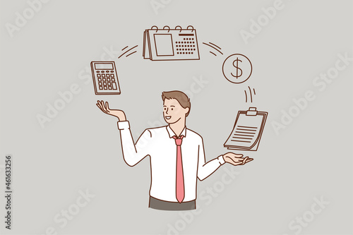 Smiling man cartoon character using calculator machine plan company budget investment. Male with documents planner manage expenses. Business, finance concept, flat vector illustration. 