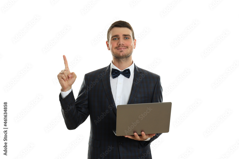 Businessman with idea and laptop isolated on white background Businessman with idea and laptop isolated on white background