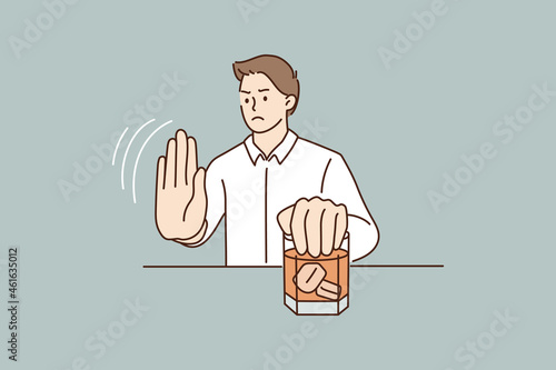 Young man refuse drinking alcohol. Decisive male make hand gesture sign say stop no to alcoholic cocktail. Guy reject beverage at bar follow healthy lifestyle. Flat vector illustration.