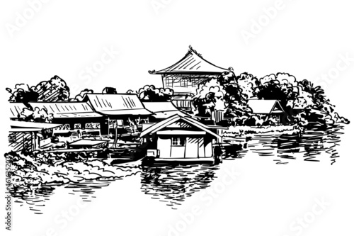 Sketch of village houses on water with Buddhist temple, Hand drawn vector illustration