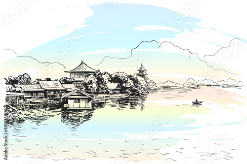 Sketch of village with Buddhist temples on the bank of the river with fishing boat and mountains, Southeast asia landscape, Hand drawn vector illustration on watercolor on background