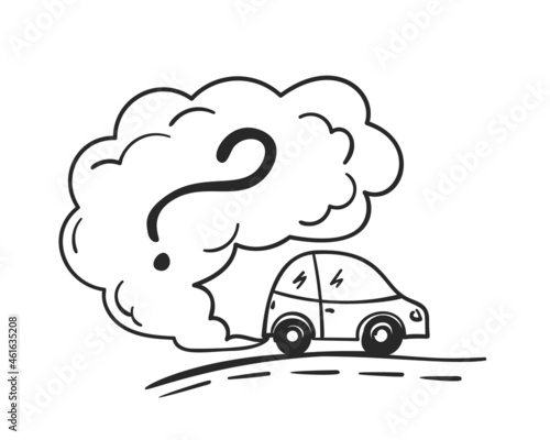 Cartoon car blowing exhaust fumes question mark sign, Doodle smoke cloud from automobile, Environmental concept pollution, Hand drawn illustration isolated on white background, Vector simple sketch