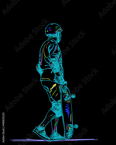 Skateboarder in full protection and helmet stands and holds skateboard Colorful line art sketch on black background, Hand drawn vector illustration