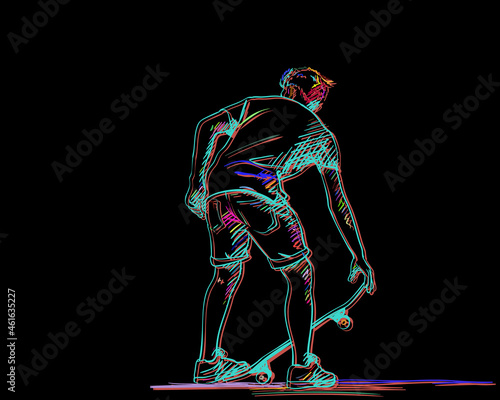 Skateboarder in shorts holding skateboard, Back view Colorful freaky line art sketch on black background, Hand drawn vector illustration