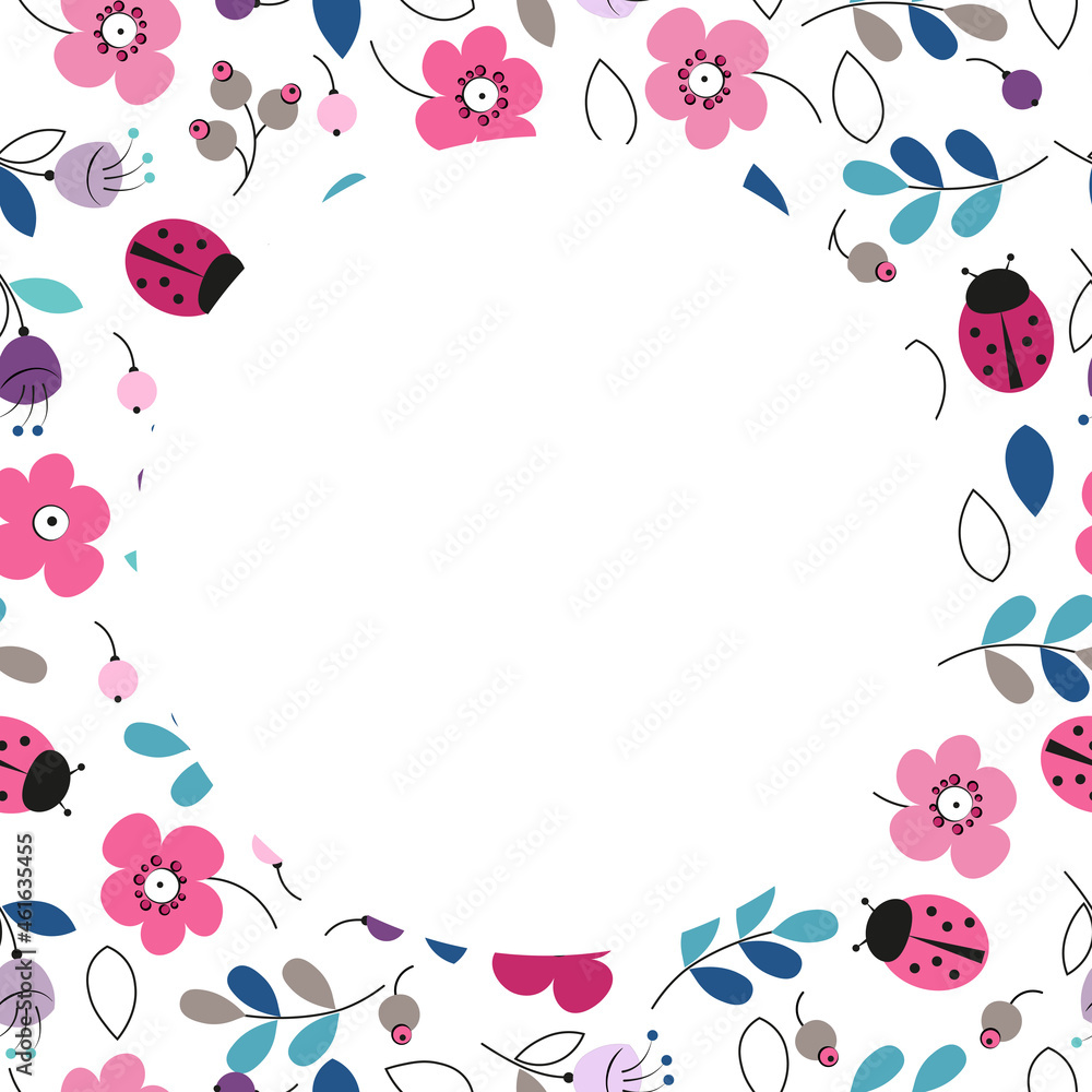 frame with flowers and butterflies. Vector illustration of spring text and floral background. Useful for flyers, brochure, invitation, posters. Season vacation, weekend, holiday logo.
